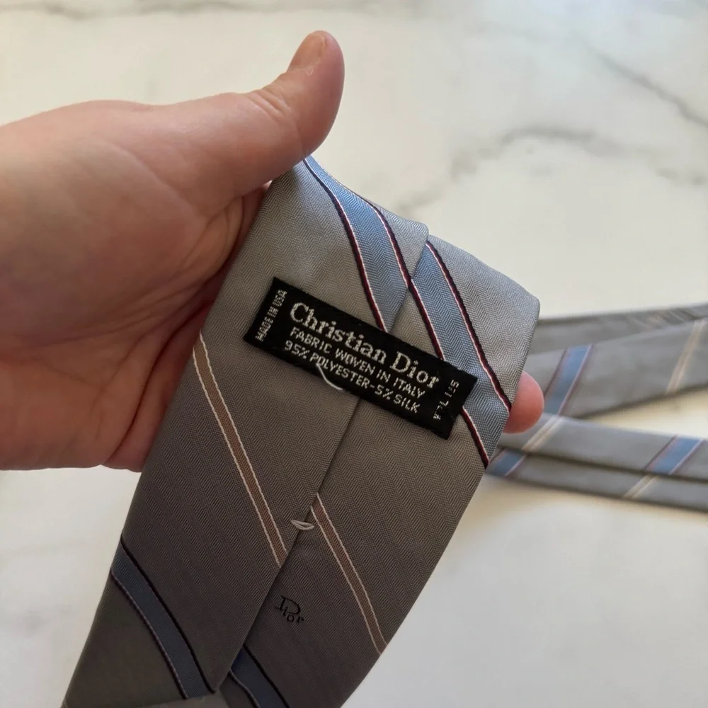 Christian Dior Gray Blue Stripe Silk Blend Tie